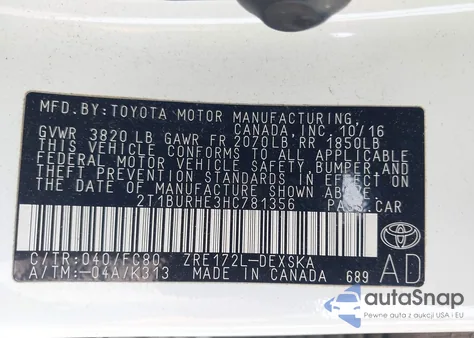 2017 Toyota Corolla Se z USA, uszkodzony, nr VIN 2T1BURHE3HC781356